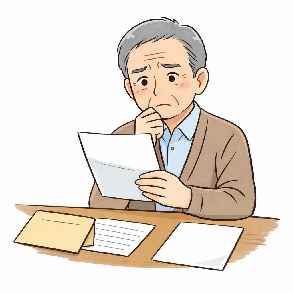 遺言書を自宅で保管している高齢男性が、不安そうな表情で書類を確認している様子