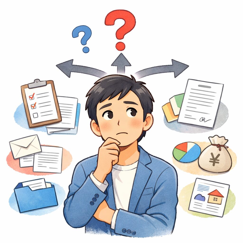 複数の書類や選択肢に囲まれ、相続手続きで何を選べばよいか迷っている日本人男性。頭上に疑問符と分岐の矢印があるイラスト。
