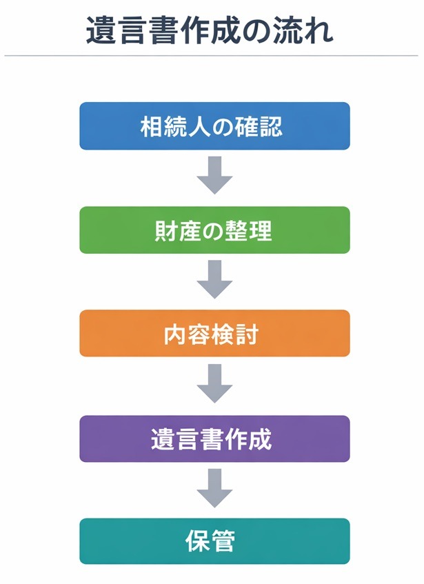 遺言書作成の流れ（相続人確認から保管まで）をステップ形式で示したフローチャート図