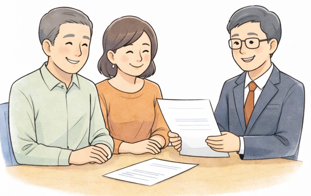 行政書士に相談しながら書類を確認し、安心した表情を見せる日本人男女のイラスト