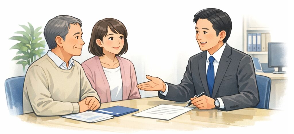 行政書士に相談し、説明を受けて安心している夫婦のイラスト