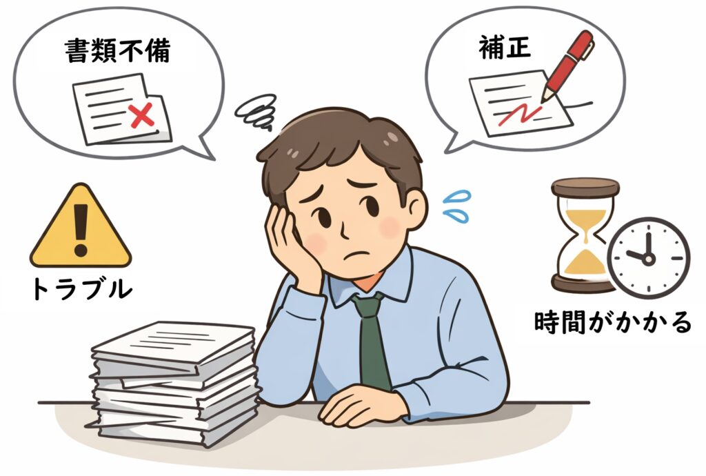 相続登記で困っている人物と、書類不備・補正・トラブル・時間がかかるといったリスクを示したイラスト