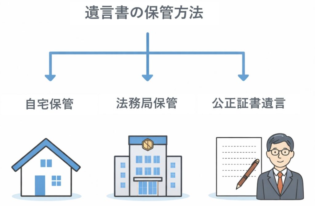 遺言書の保管方法（自宅保管・法務局保管・公正証書遺言）を比較した図解イラスト