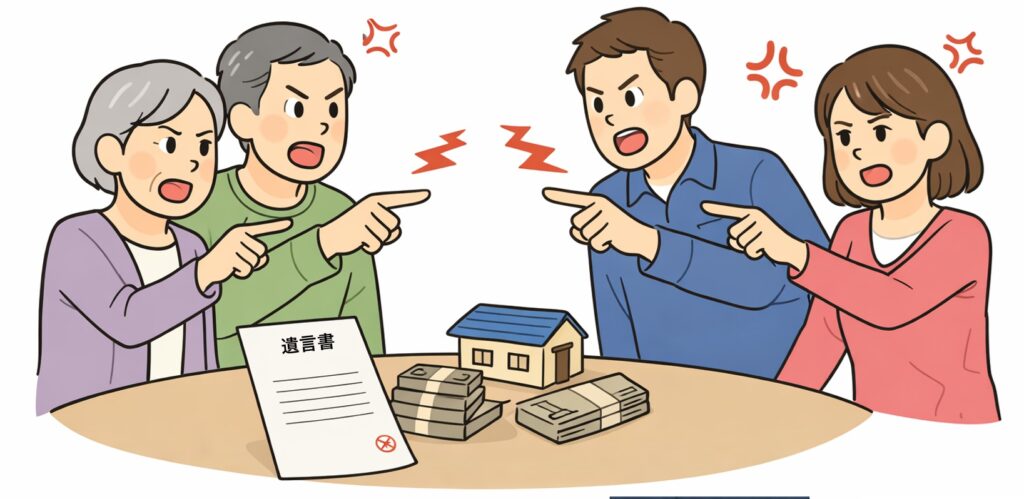 遺産トラブルで口論している家族のイラスト