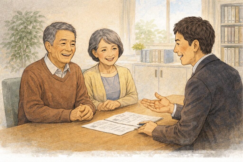 行政書士に相談し、相続や遺言について安心した表情で話す高齢の男女の様子