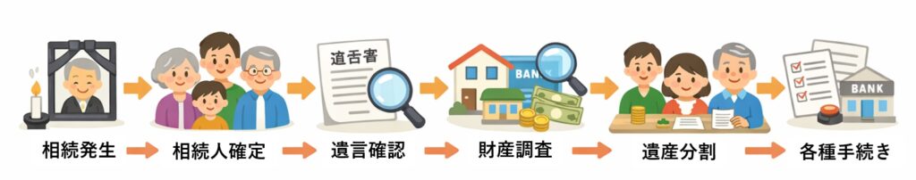 遺産相続の手続きの流れを示した図解。相続発生から相続人確定、遺言確認、財産調査、遺産分割、各種手続きまでの6ステップを矢印でつないでいる。