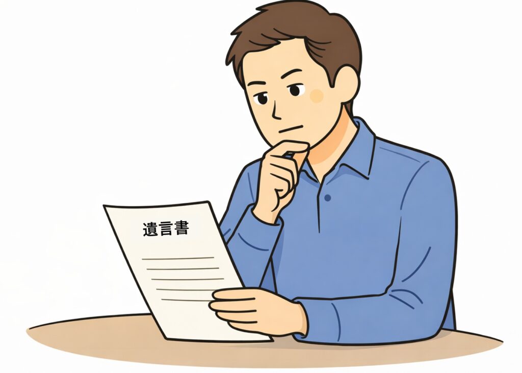 遺言書を見ながら冷静に判断している人物のイラスト