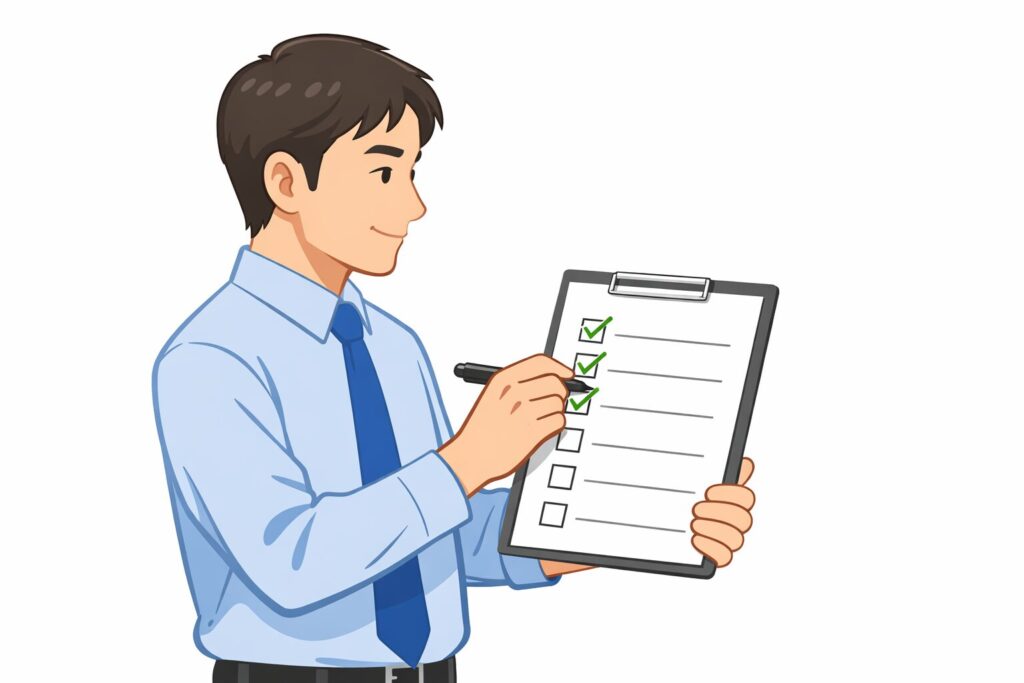 チェックリストにペンでチェックを入れて確認している日本人男性のイラスト