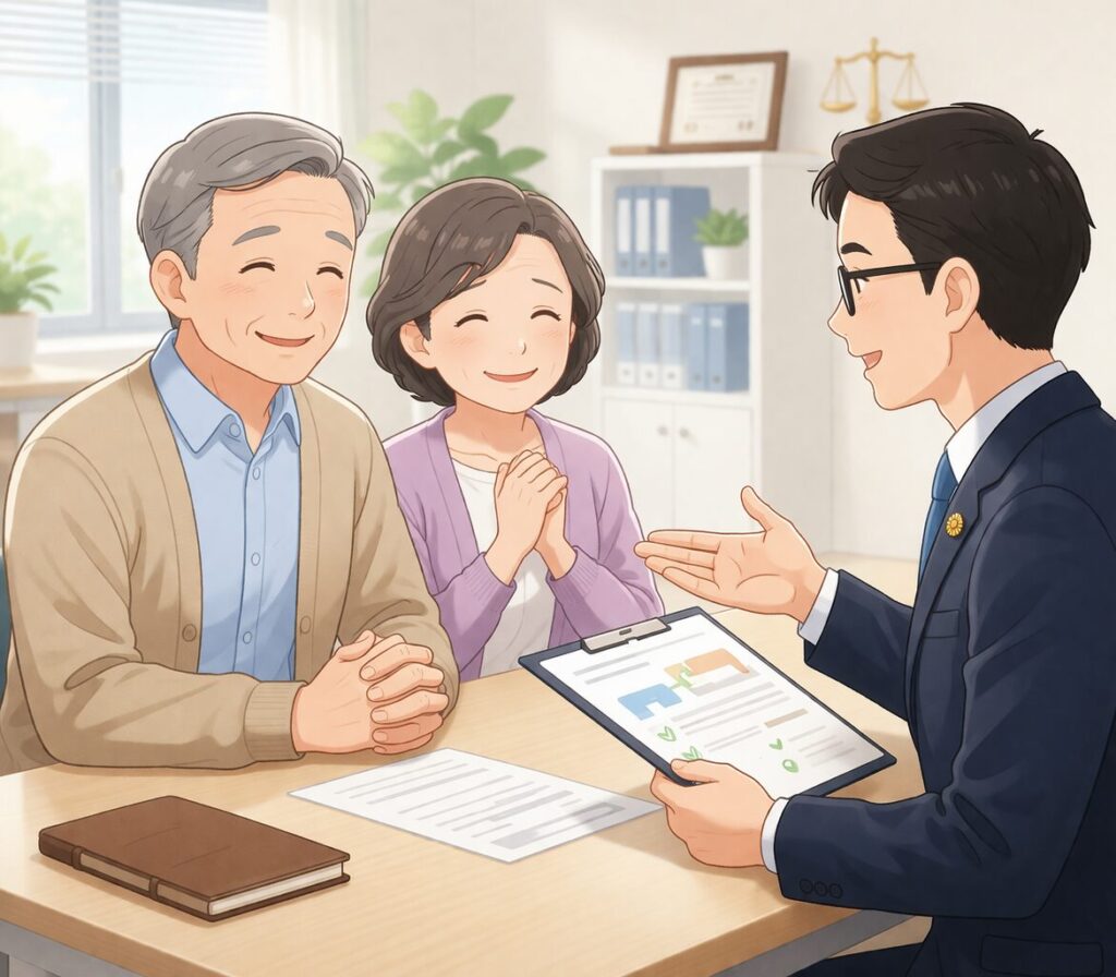 行政書士に相談して安心している中高年夫婦と専門家の説明シーンのイラスト