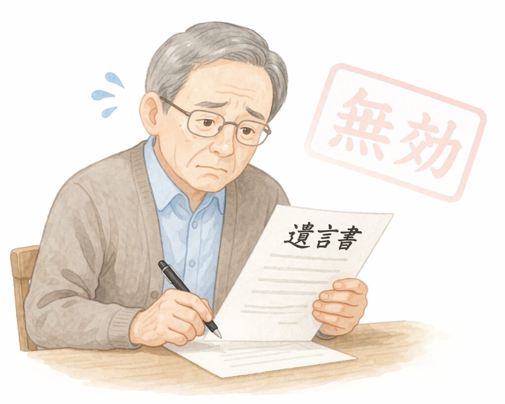 遺言書を見ながら不安そうな表情を浮かべる高齢男性と、無効スタンプのイメージ