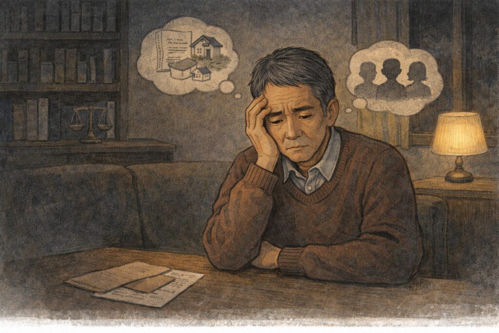 将来や相続について不安を感じ、一人で考え込む中高年の日本人男性の様子
