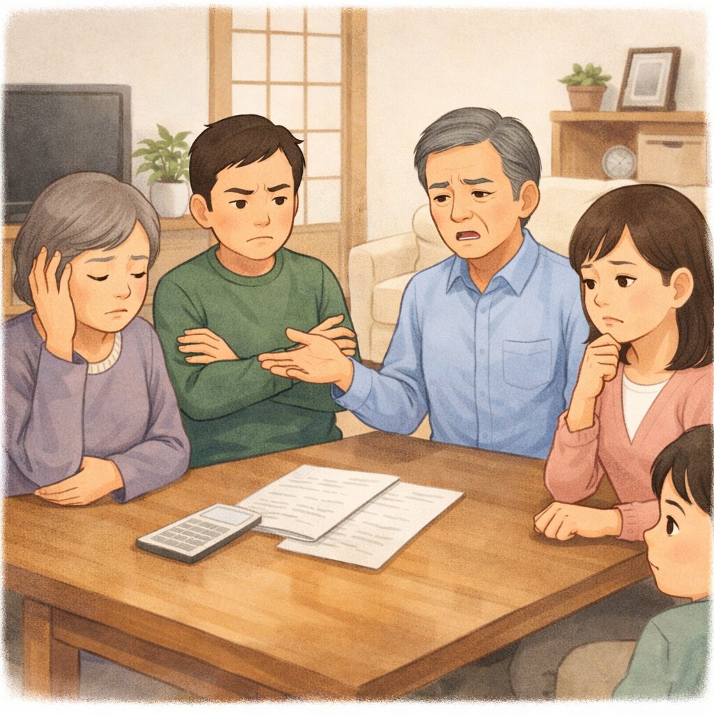 相続の話し合いで家族が意見対立し困っている様子のイラスト