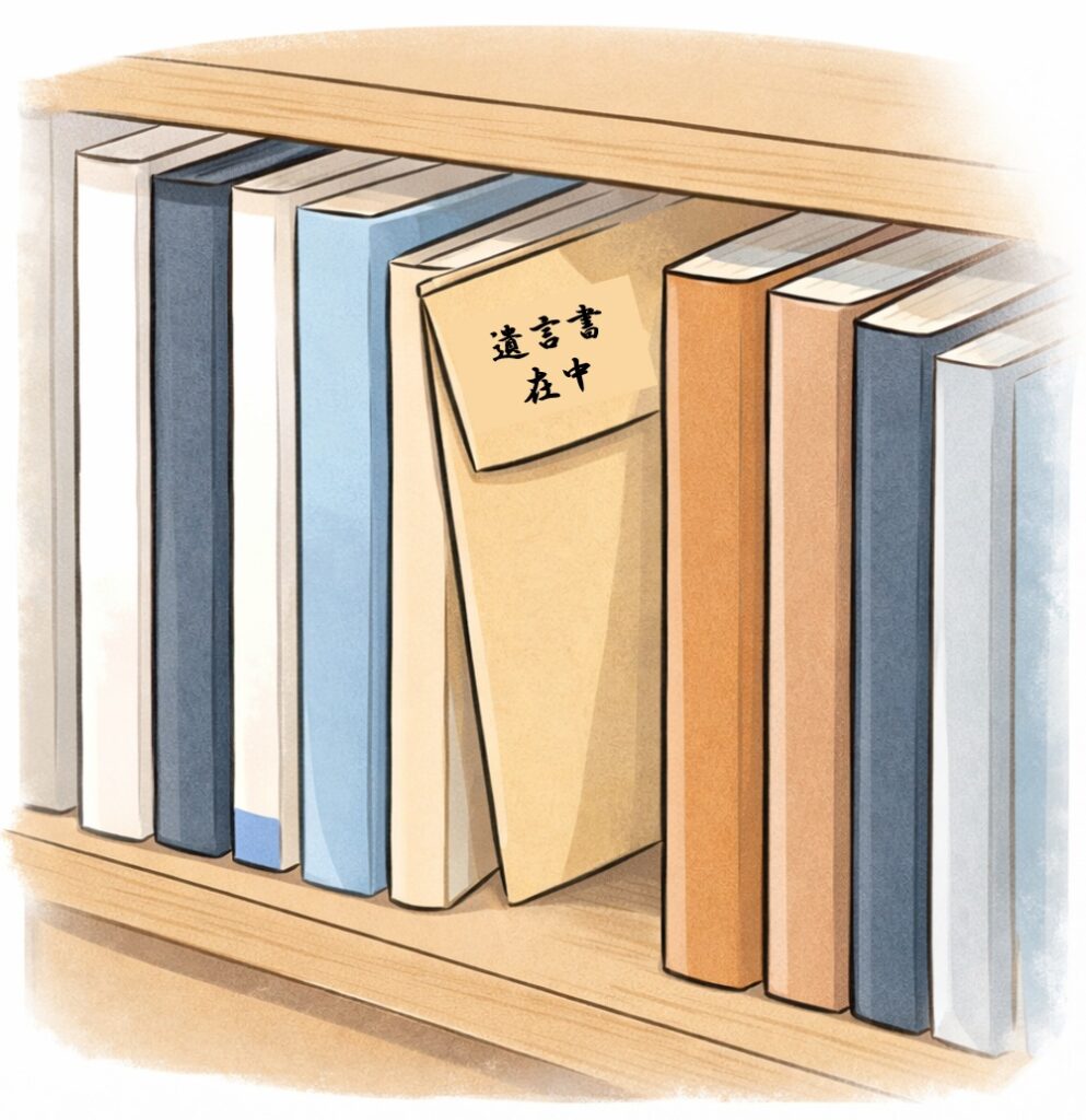 本棚の本の間に封筒が隠されており、誰にも気づかれていない様子のイラスト