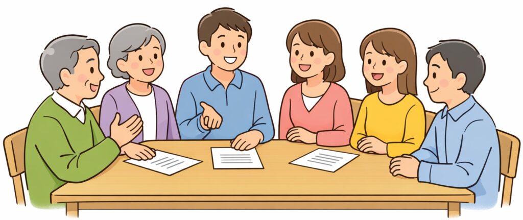 相続人同士がテーブルを囲み、笑顔で話し合っている様子のイラスト。円満に遺産分割協議が進んでいる家族の雰囲気を表現している。