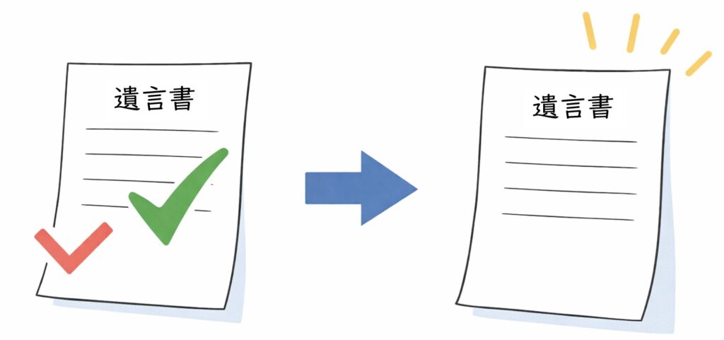 チェックマークと矢印で古い遺言書から新しい遺言書へ切り替えるイメージ図