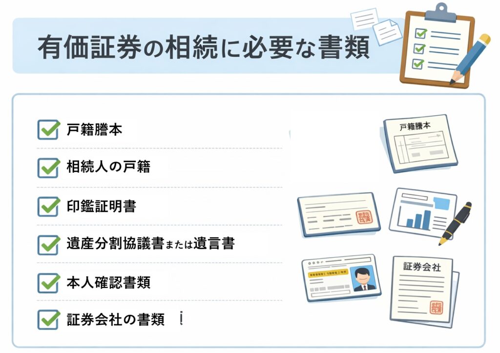 有価証券の相続に必要な書類をまとめたチェックリスト図解。戸籍謄本、相続人の戸籍、印鑑証明書、遺産分割協議書または遺言書、本人確認書類、証券会社の書類がチェックボックス付きで一覧表示されている。
