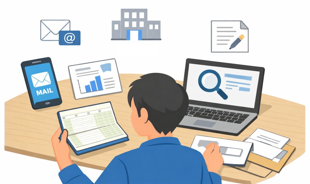 有価証券の相続に備えて証券口座を探している様子のイラスト。机の上に通帳、郵便物、スマートフォン、パソコンがあり、人物がメールや書類を確認している。