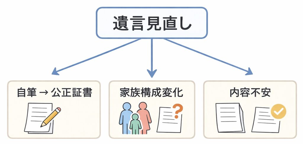 遺言見直しを中心に、自筆から公正証書への変更や家族構成の変化、内容不安などの分岐を示した図解