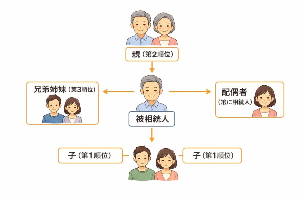 相続人の順位を示す家系図で被相続人を中心に配偶者と子が第1順位、親が第2順位、兄弟姉妹が第3順位であることを示した図
