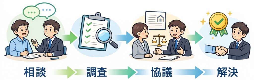 弁護士相談から解決までの流れを示した図。相談、調査、協議、解決の4ステップを矢印でつないだ分かりやすいフローチャート。