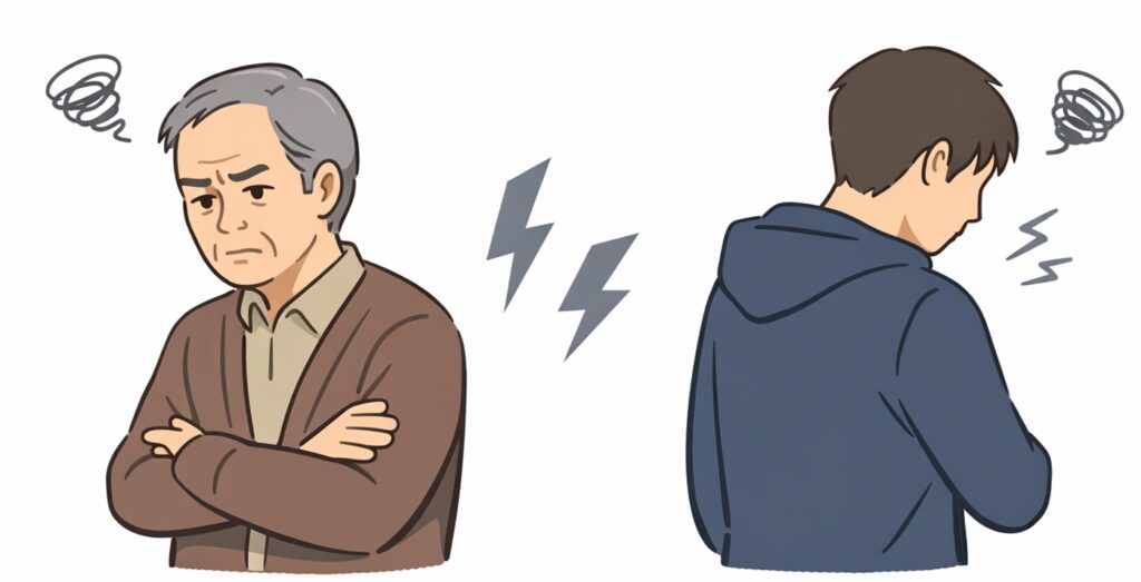 高齢の親と成人の子どもが距離を置いて対立している様子を描いたイラスト。相続トラブルの背景にある家族関係の悪化を表現している。