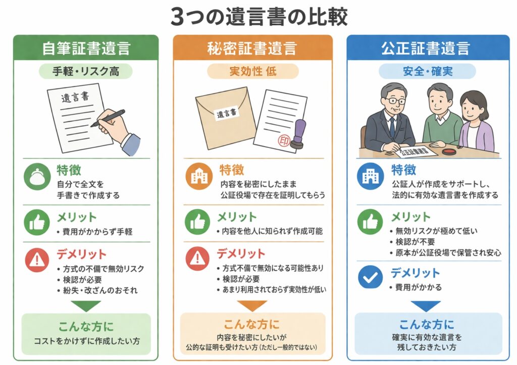 自筆証書遺言・秘密証書遺言・公正証書遺言の違いを比較した図解