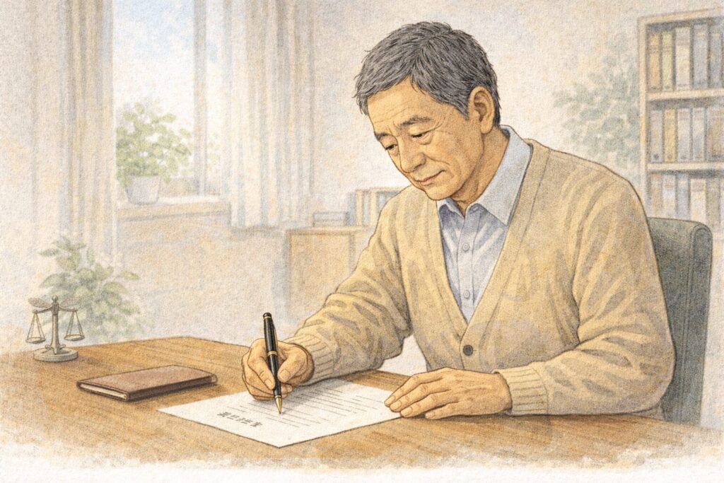 遺言書を作成するために机でペンを持ち、書類を書いている中高年の日本人男性