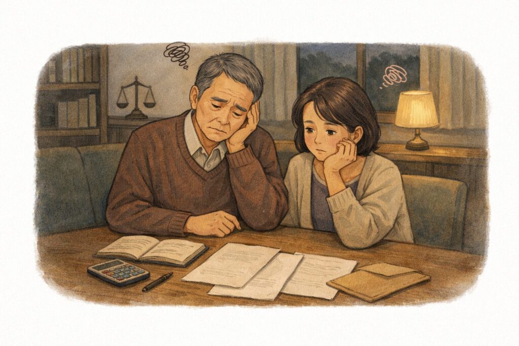 相続や遺言について悩む50代〜70代の日本人夫婦が、自宅のリビングで書類を前に不安そうに考えている様子