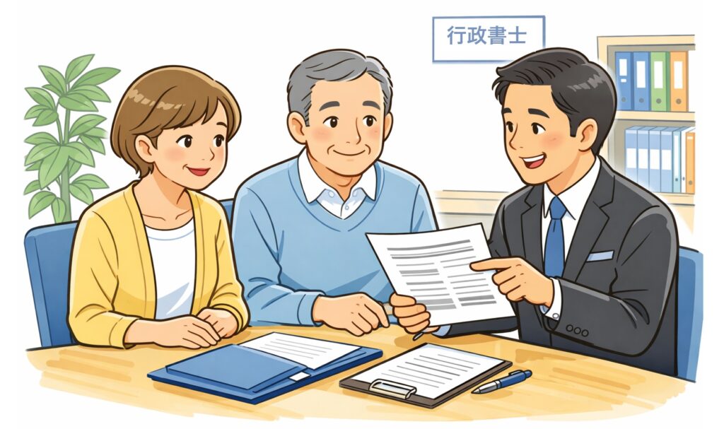 行政書士が中高年夫婦に遺言や相続について説明している相談シーンのイラスト
