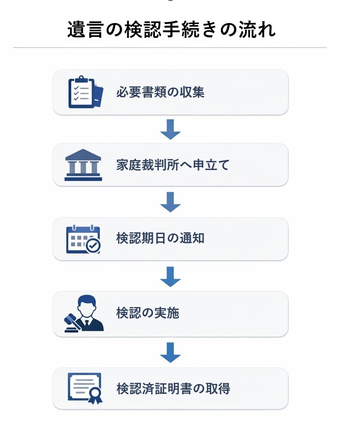遺言の検認手続きの流れ（必要書類の収集から家庭裁判所への申立て、検認期日の通知、検認の実施、検認済証明書の取得まで）を示したフローチャート図