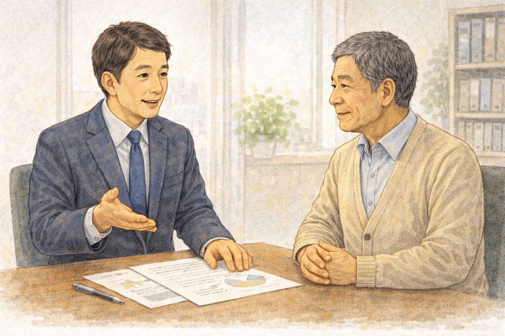 行政書士が相談者に相続や遺言について丁寧に説明している様子