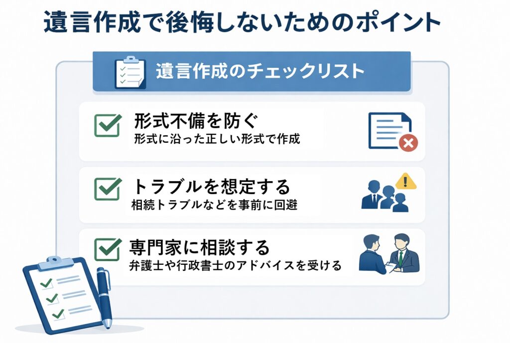 遺言作成で後悔しないためのチェックリストを示した図。形式不備を防ぐ、トラブルを想定する、専門家に相談するの3つのポイントをチェックマーク付きで解説している。