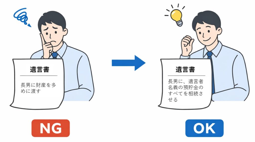 遺言書の書き方におけるNGとOKを比較し、曖昧な表現から明確な表現へ改善する流れを示した図解