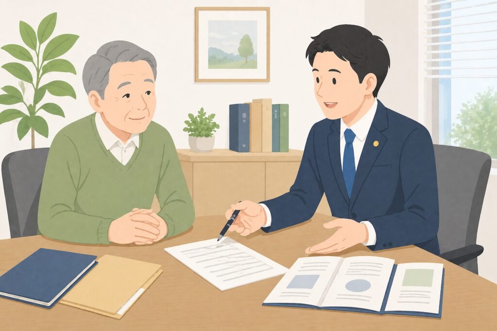 行政書士などの専門家が高齢の依頼者に遺言書について説明している相談風景。日本のオフィスで安心した様子
