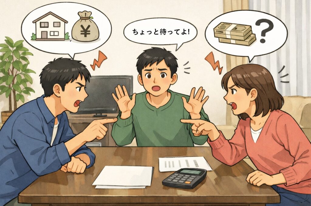 相続トラブルで兄弟姉妹が遺産分割を巡り口論している様子。リビングでテーブルを挟み、緊張した雰囲気の日本人家族。