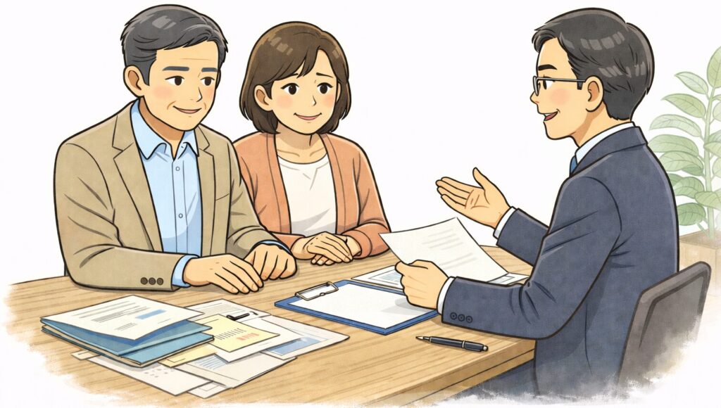 相続手続きについて専門家に相談し、机を挟んで説明を受けている日本人の男女のイラスト