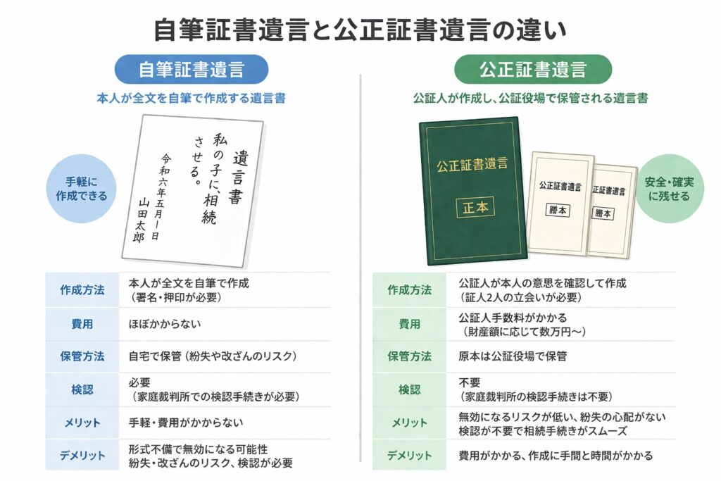 自筆証書遺言と公正証書遺言の違いを比較した図(手書き遺言と正本・謄本の公正証書遺言)
