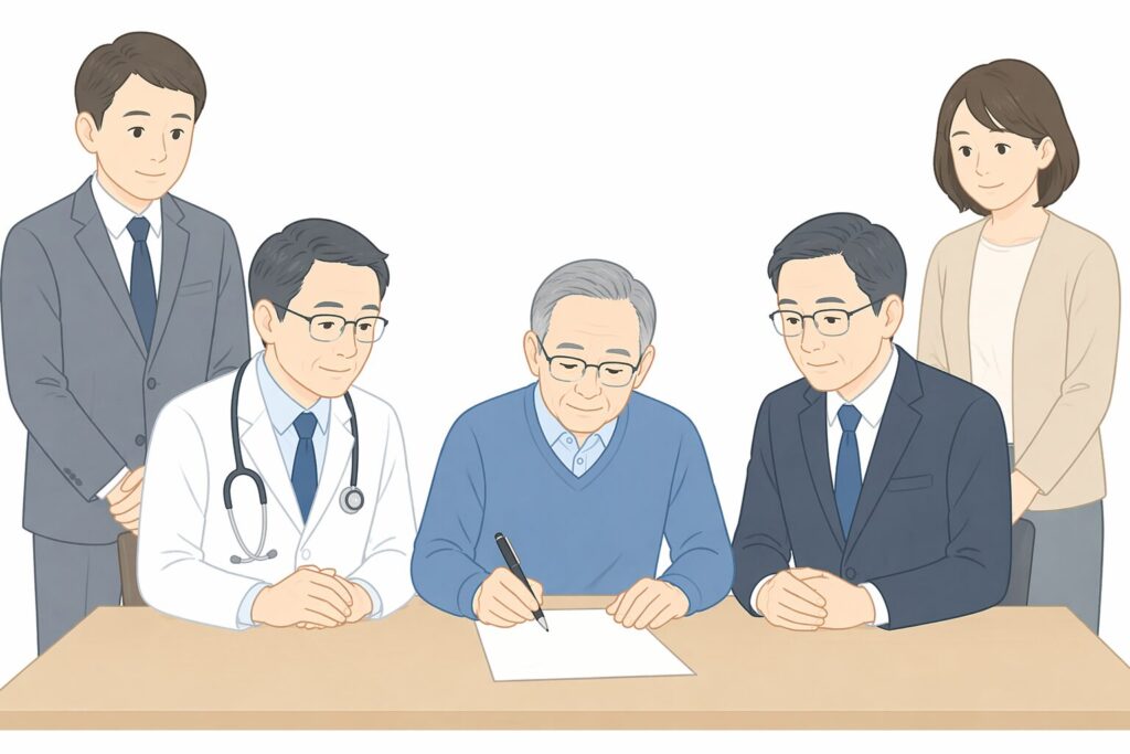 公証人や医師、証人が立ち会う中で高齢者が書類に署名している場面のイラスト