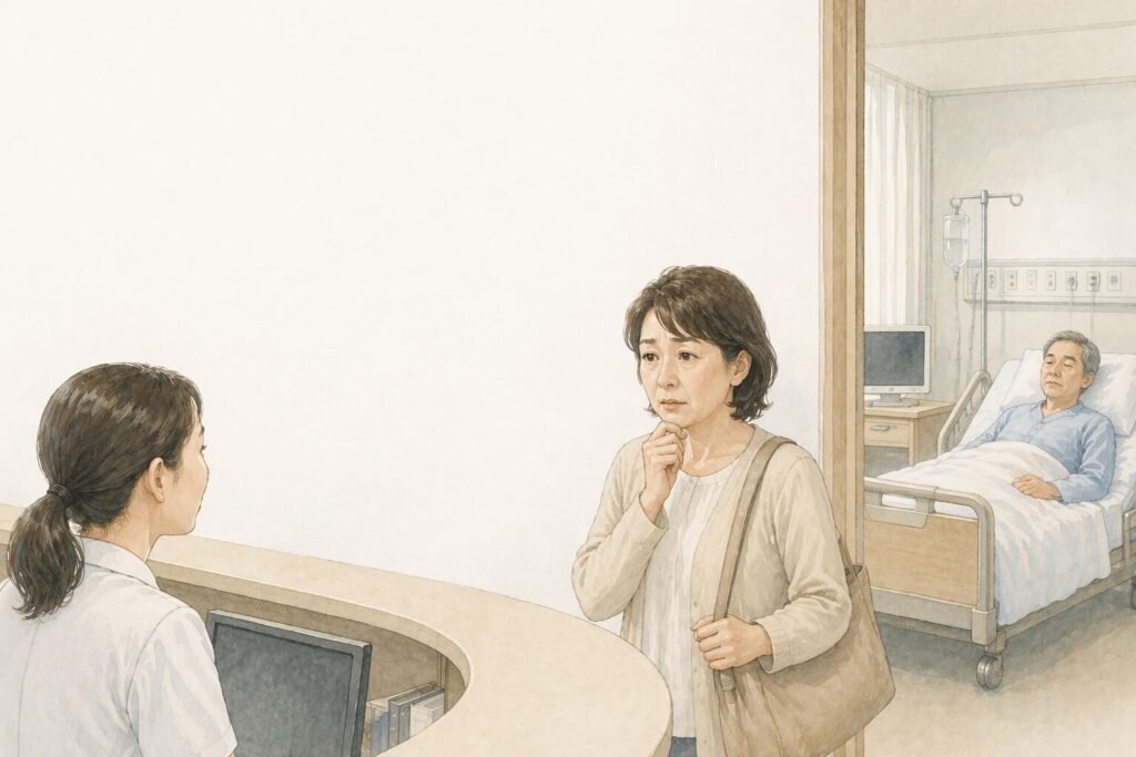 病院の受付で内縁関係の女性が対応を受け、家族関係を確認されて戸惑っている様子。奥の病室には入院中の男性が見える。