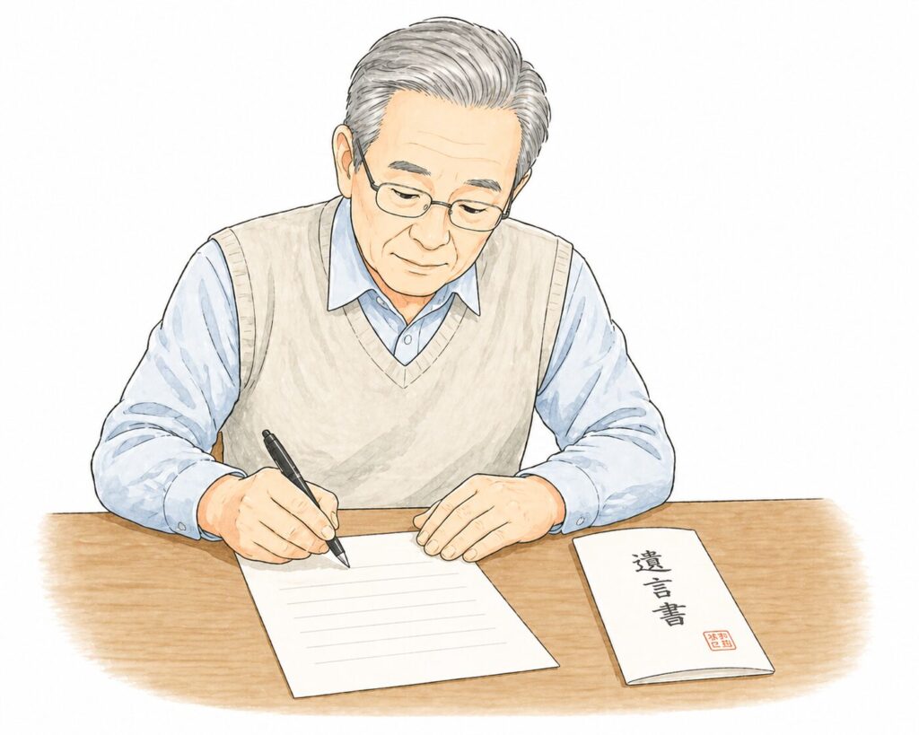遺言書を作成している日本の高齢者。机に向かって書類にペンで記入している真剣な様子