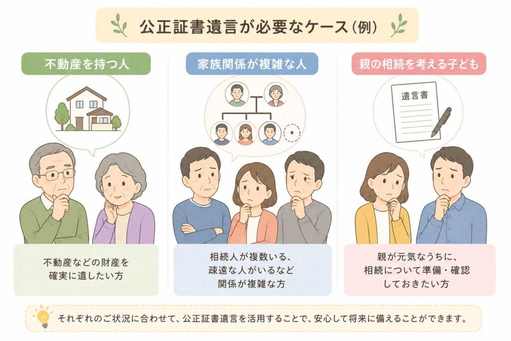 公正証書遺言が必要なケースを、不動産所有・家族関係の複雑さ・親の相続準備の3パターンで示した図解