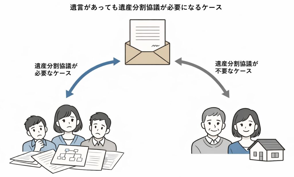 遺言書を中心に、遺産分割協議が必要なケースと不要なケースに分かれる流れを示した図解イラスト