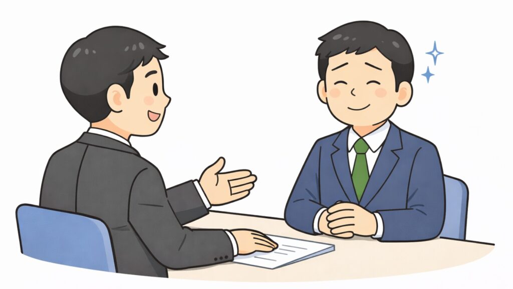 専門家に相談し、不安が解消されて安心した表情の日本人男性のイラスト