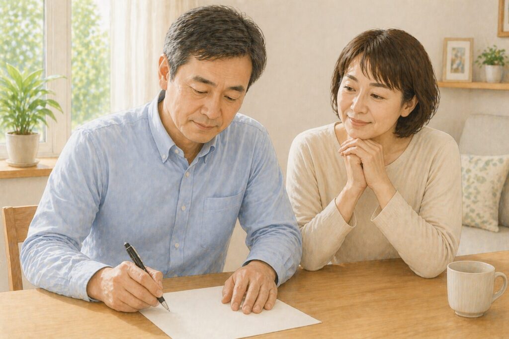 自宅で書類に向かってペンを走らせる中高年の男性と、その様子を穏やかな表情で見守る女性。落ち着いた室内で安心感のある雰囲気。