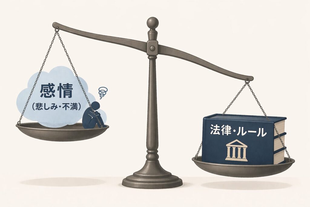 感情と法律を天秤で比較し、法律・ルールの側が重く傾いている様子