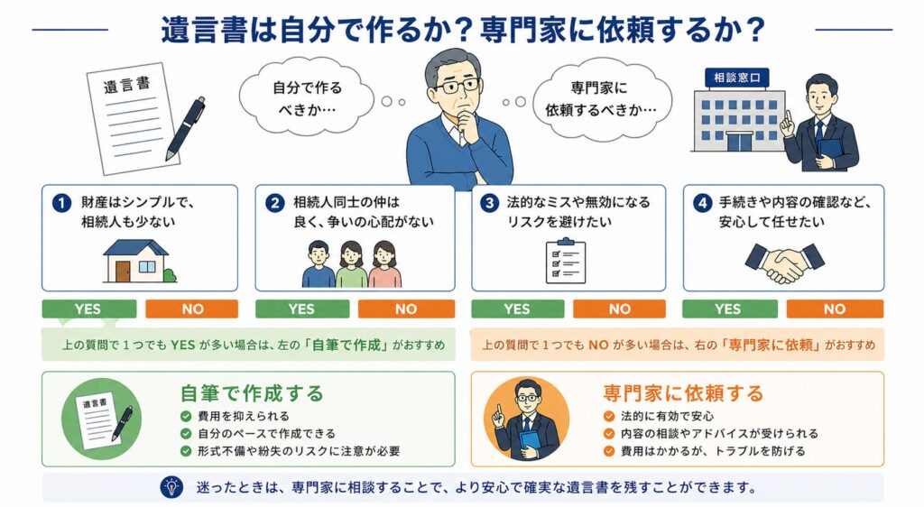 遺言書を自分で作るか専門家に依頼するかを色分岐で判断するフローチャート図(YESは緑、NOはオレンジ)