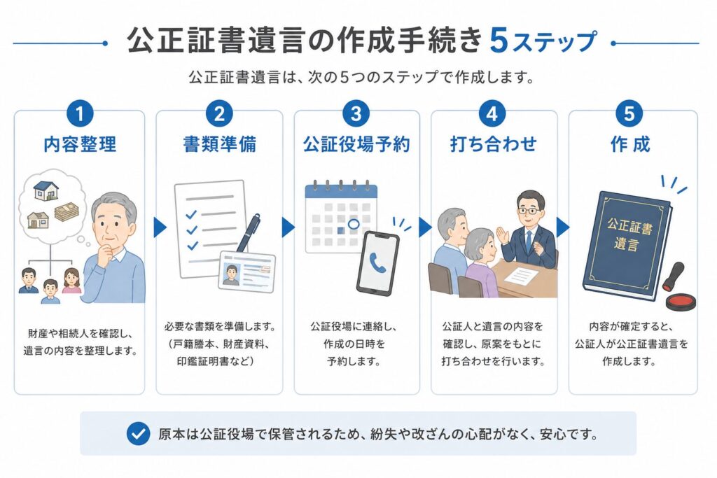 公正証書遺言の作成手続きを5ステップで示した図解（内容整理から作成までの流れ）