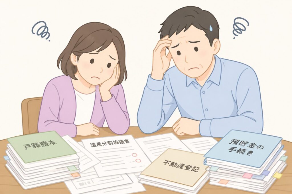 相続手続きの書類に悩む日本人夫婦。テーブルに戸籍や遺産分割協議書、不動産登記、預貯金手続きの書類が山積みになり、困った表情をしている様子。