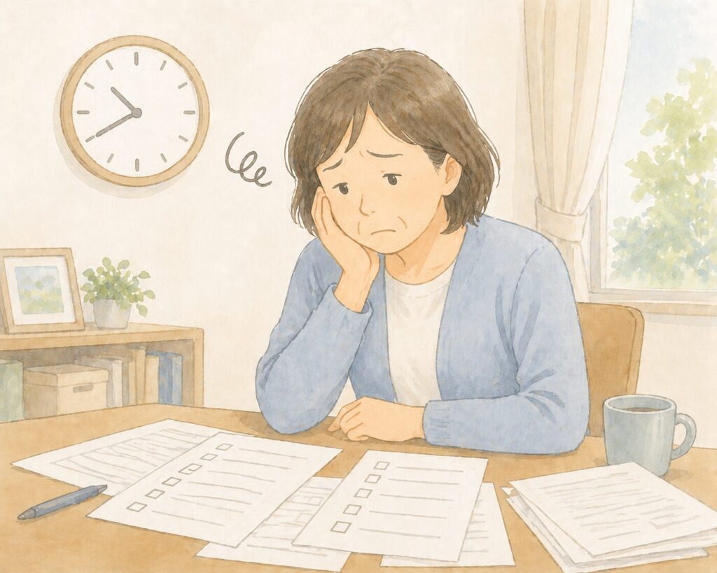 時計の前で書類を広げ、チェックが進まず困っている人物の様子