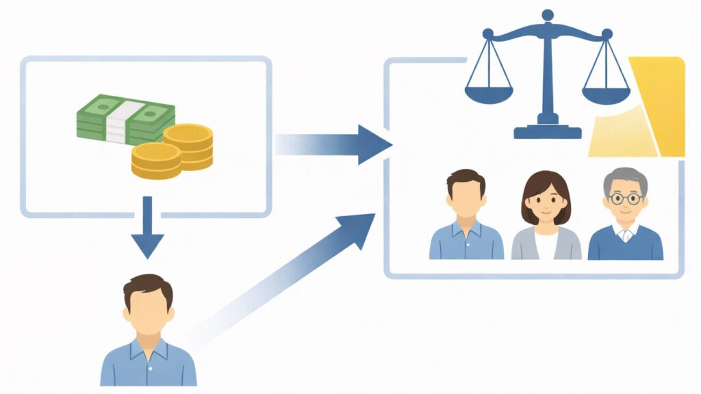 遺言で全財産を1人に指定しても遺留分により他の相続人に配分が調整されることを示す図解イラスト